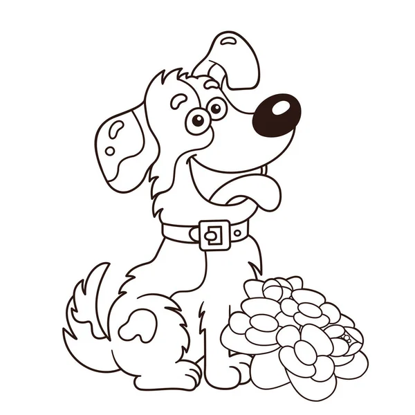Kolorowanki Pies Cartoon Stronę Konspektu Kwiatami Kartkę Życzeniami Urodziny Valentine — Wektor stockowy