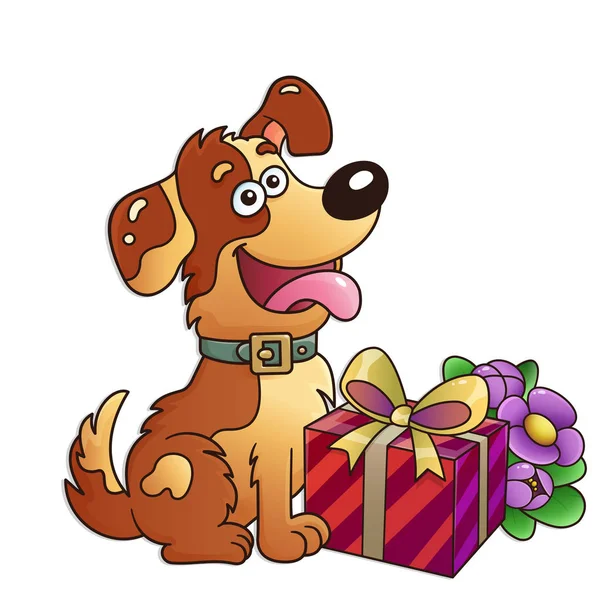 Komik köpek hediye ve beyaz arka plan üzerinde izole çiçeklerle. Tebrik kartı. Doğum günü. Sevgililer günü. Çocuklar için.