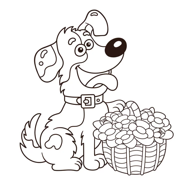 Χρωματισμός Σελίδα Διάρθρωσης Της Σκύλο Κινουμένων Σχεδίων Καλάθι Λουλούδια Ευχετήρια — Διανυσματικό Αρχείο
