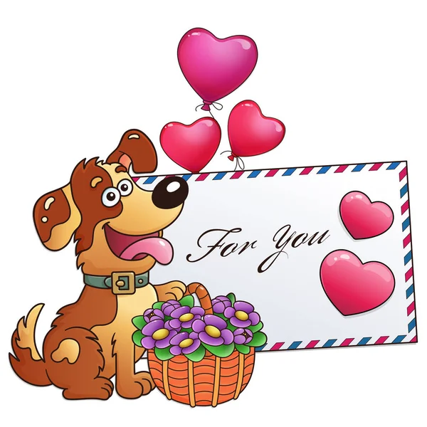 Rolig Hund Med Korg Med Blommor Isolerad Vit Bakgrund Gratulationskort — Stock vektor