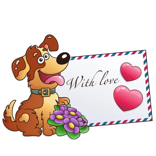 Rolig Hund Med Blommor Isolerad Vit Bakgrund Gratulationskort Födelsedag Alla — Stock vektor