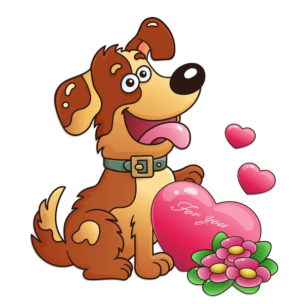 Hund Med Blommor Och Hjärtat Isolerad Vit Bakgrund Gratulationskort Födelsedag — Stock vektor