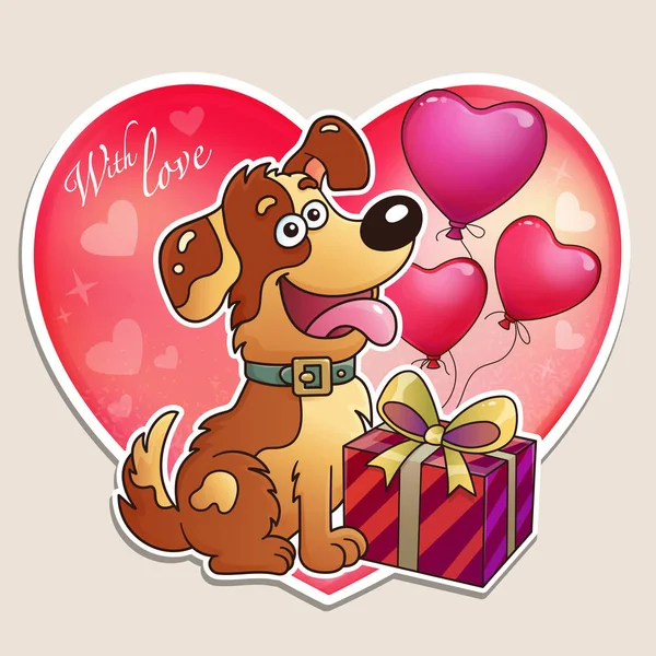 Saint Valentin Chien Avec Cadeau Ballons Carte Vœux Pour Les — Image vectorielle