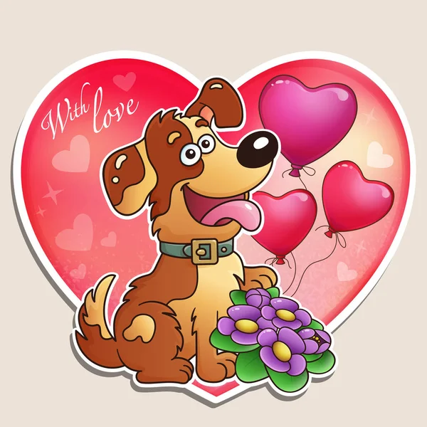 Saint Valentin Chien Avec Fleurs Ballons Carte Vœux Pour Les — Image vectorielle