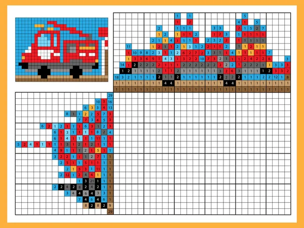 Feuerwehrauto Bunte Japanische Kreuzworträtsel Mit Antwort Farbe Nach Zahlen Malbuch — Stockvektor