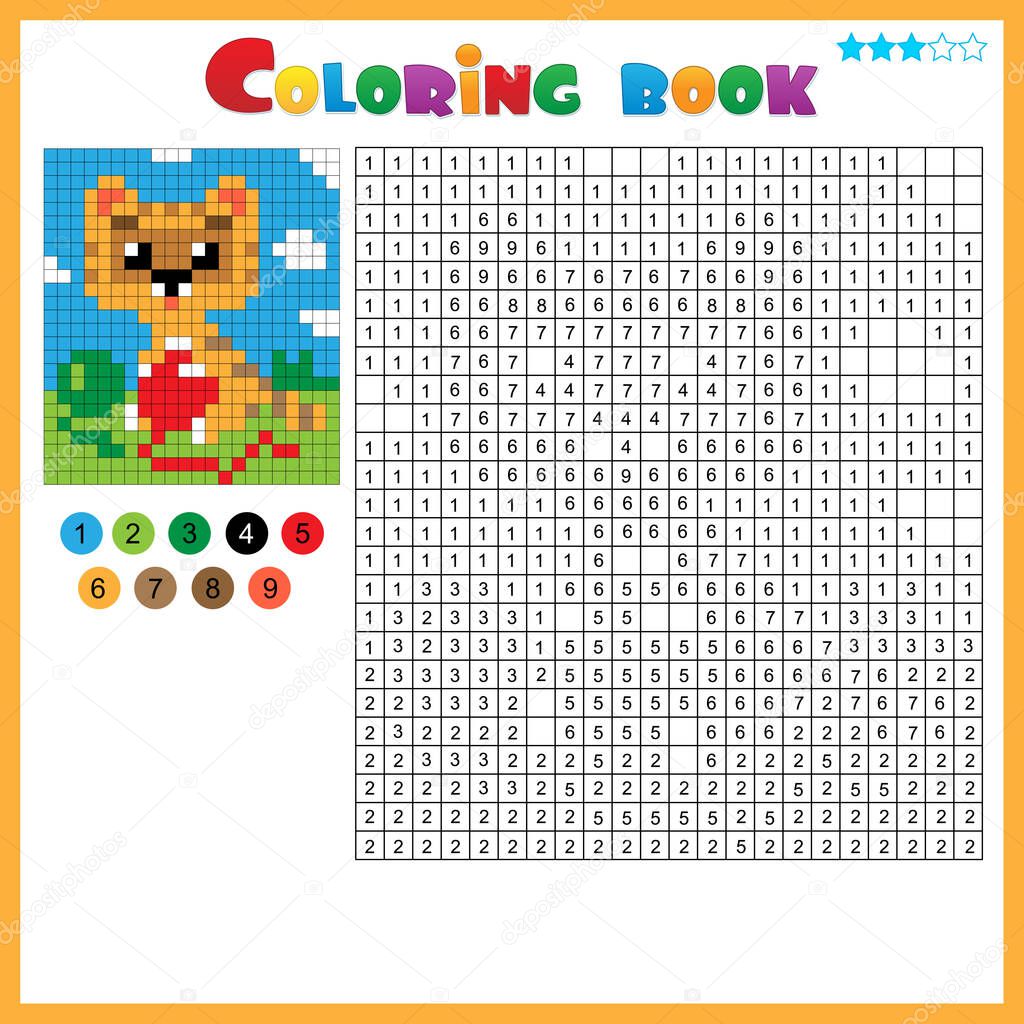 Kitten with balls of yarn. Color by numbers. Coloring book for kids. Colorful Puzzle Game for Children with answer.