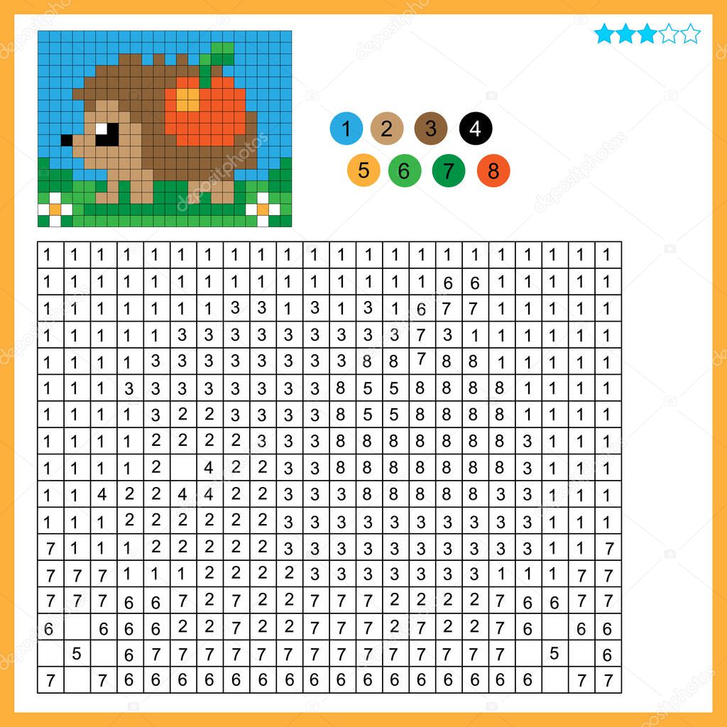 Hedgehog with apple. Color by numbers. Coloring book for kids. Colorful Puzzle Game for Children with answer.