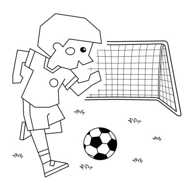 Futbol topu ve futbol golüyle bir çizgi film karakterinin ana hatlarını boyamak. Çocuklar için boyama kitabı.