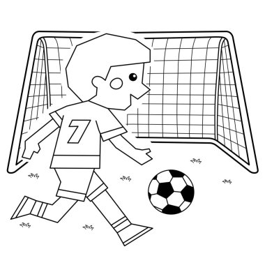 Futbol topu ve futbol golüyle bir çizgi film karakterinin ana hatlarını boyamak. Çocuklar için boyama kitabı.