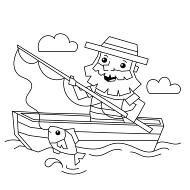 Teknede oltası olan bir balıkçının boyama sayfası. Çocuklar için boyama kitabı.
