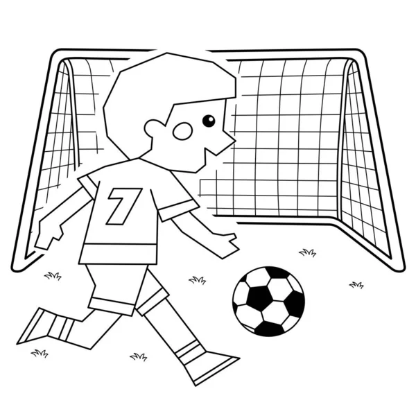 Färgläggning Sida Kontur Tecknad Pojke Med Fotboll Och Fotbollsmål Målarbok — Stock vektor