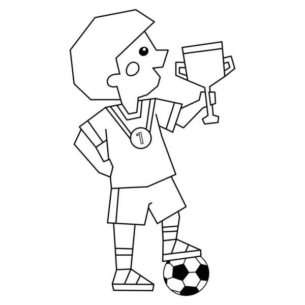 Coloring Page Outline Cartoon Boy Soccer Ball Winner Cup Coloring — Stock Vector