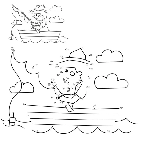 孩子们的数字游戏一个在船上拿着钓竿的男孩渔夫的画像 儿童彩色书 — 图库矢量图片