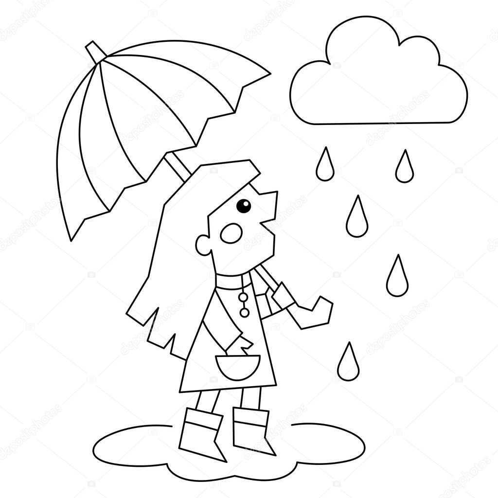Coloring Page Outline Of a girl walking in the rain. Coloring book for kids