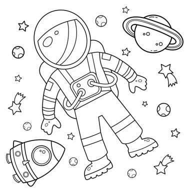Uzayda astronotlu bir çizgi roketin ana hatlarını boyamak. Çocuklar için boyama kitabı. 