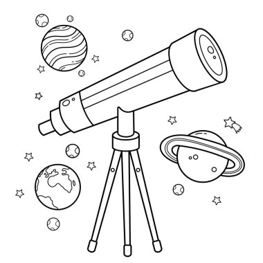 Yıldızlı ve gezegenli bir karikatür teleskopunun renklendirme sayfası. Uzay ve astronomi. Çocuklar için boyama kitabı.  