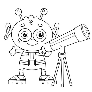 Teleskoplu küçük bir uzaylının çizgi roman taslağı. Uzay ve astronomi. Çocuklar için boyama kitabı.