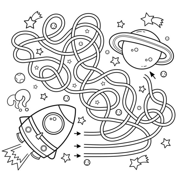 Maze or Labyrinth Game for Preschool Children. Puzzle. Tangled Road. Coloring Page Outline Of Cartoon rocket in space. Coloring book for kids.