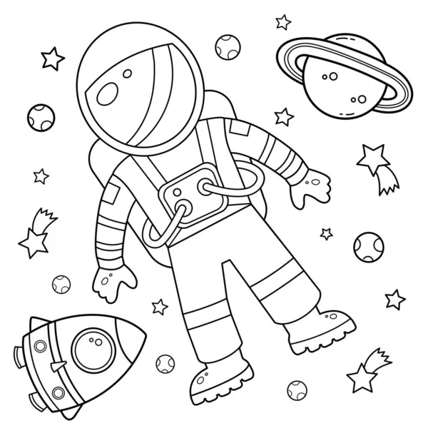 Disegno Colorare Profilo Razzo Cartoni Animati Con Astronauta Nello Spazio — Vettoriale Stock