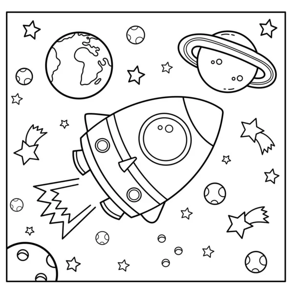 Zbarvení Stránky Obrys Kreslené Rakety Vesmíru Omalovánky Pro Děti — Stockový vektor