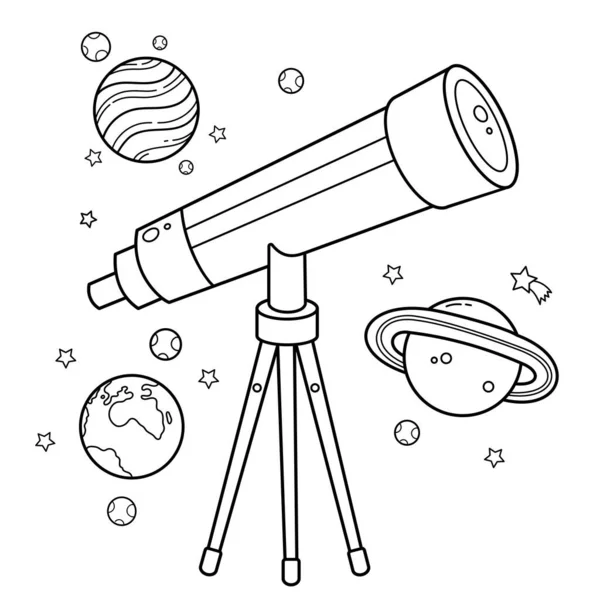 Yıldızlı Gezegenli Bir Karikatür Teleskopunun Renklendirme Sayfası Uzay Astronomi Çocuklar — Stok Vektör