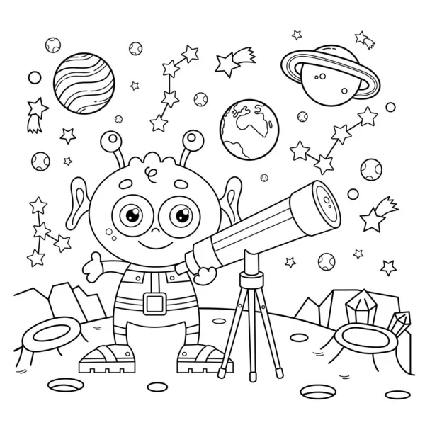 ぬりえページ概要望遠鏡で漫画の小さなエイリアンの概要 宇宙と天文学 子供のためのぬり絵 — ストックベクタ