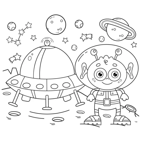 ぬりえページ概要宇宙の惑星上で空飛ぶ円盤を持つ漫画のエイリアンの概要 子供のためのぬり絵 — ストックベクタ