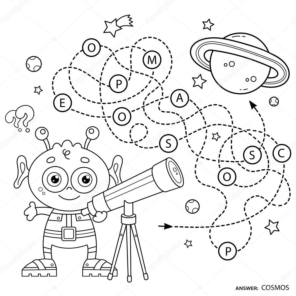 Maze or Labyrinth Game for Preschool Children. Puzzle. Tangled Road. Coloring Page Outline Of Cartoon alien with telescope. Saturn. Space and astronomy. Coloring book for kids.