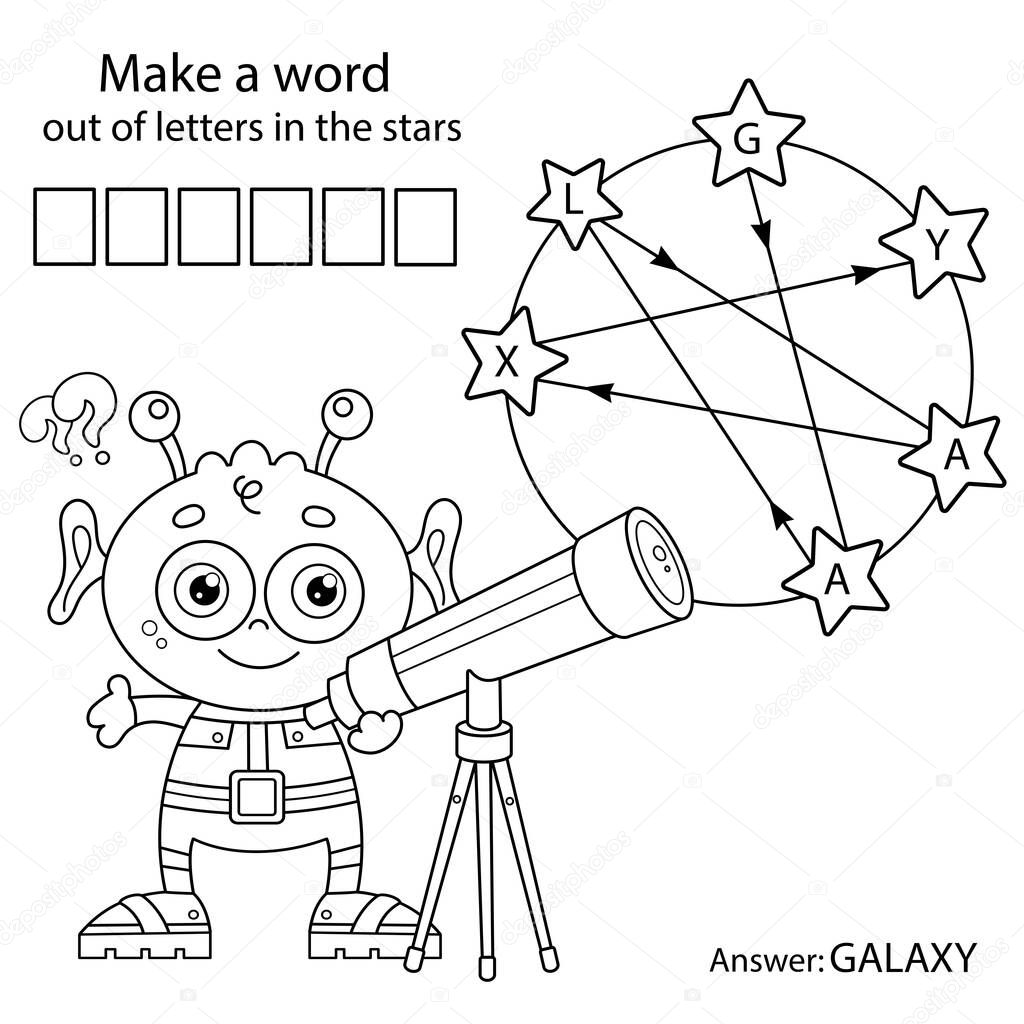 Make a word out of letters in the stars. Puzzle Game. Coloring Page Outline Of Cartoon alien with telescope. Space. Coloring book for kids.