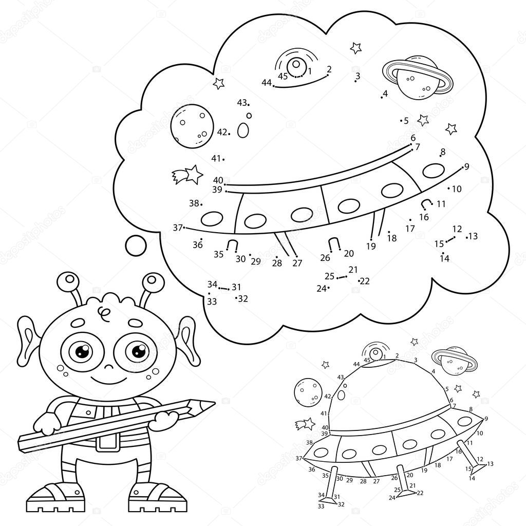 Puzzle Game for kids: numbers game. Coloring Page Outline of cartoon flying saucer with little alien. Coloring book for children.