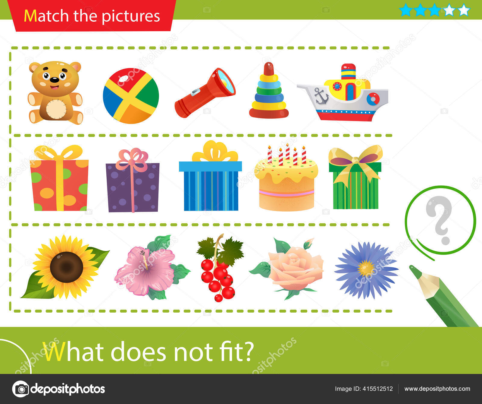 Rompecabezas Lógico Para Niños Qué Encaja Juguetes Regalos Flores Jardín  Vector de stock #415512512 de ©Oleon17, image size:1600x1344