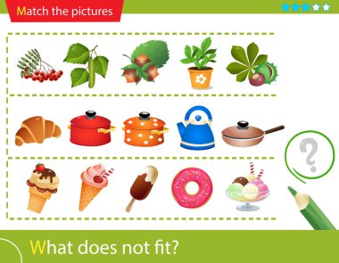 Çocuklar için mantık bulmacası. Ne uymuyor? Bitkilerin meyveleri ve tohumları. Mutfak eşyaları. - Dondurma. Eşleştirme oyunu, çocuklar için eğitim oyunu. Anaokulu öğrencileri için çalışma tablosu vektör tasarımı.