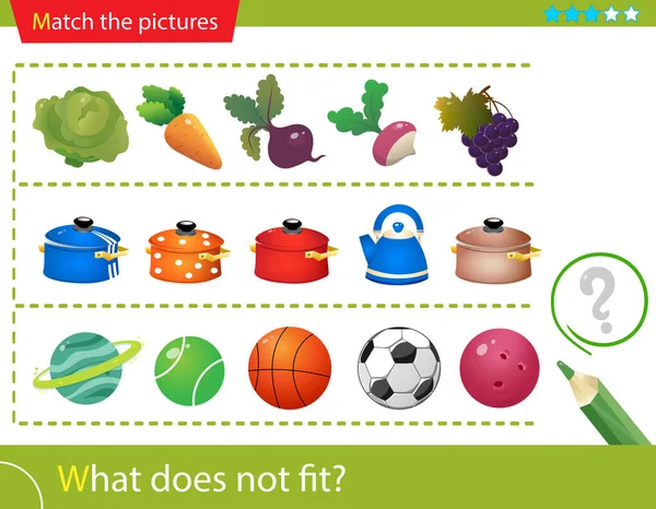 Логическая Загадка Детей Подходит Овощи Кастрюли Спортивные Мячи Ответная Игра — стоковый вектор
