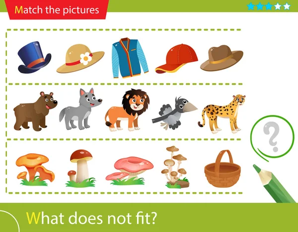 Çocuklar Için Mantık Bulmacası Uymuyor Şapka Hayvanlar Mantarlar Eşleştirme Oyunu — Stok Vektör