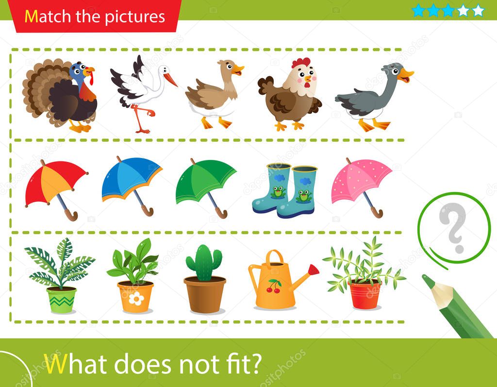 Logic puzzle for kids. What does not fit? Farm bird or poultry. Umbrellas. Indoor plants. Matching game, education game for children. Worksheet vector design for preschoolers.