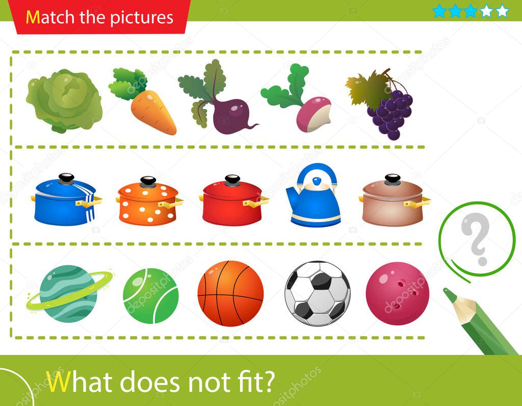 Logic puzzle for kids. What does not fit? Vegetables. Pots. Sports balls. Matching game, education game for children. Worksheet vector design for preschoolers.