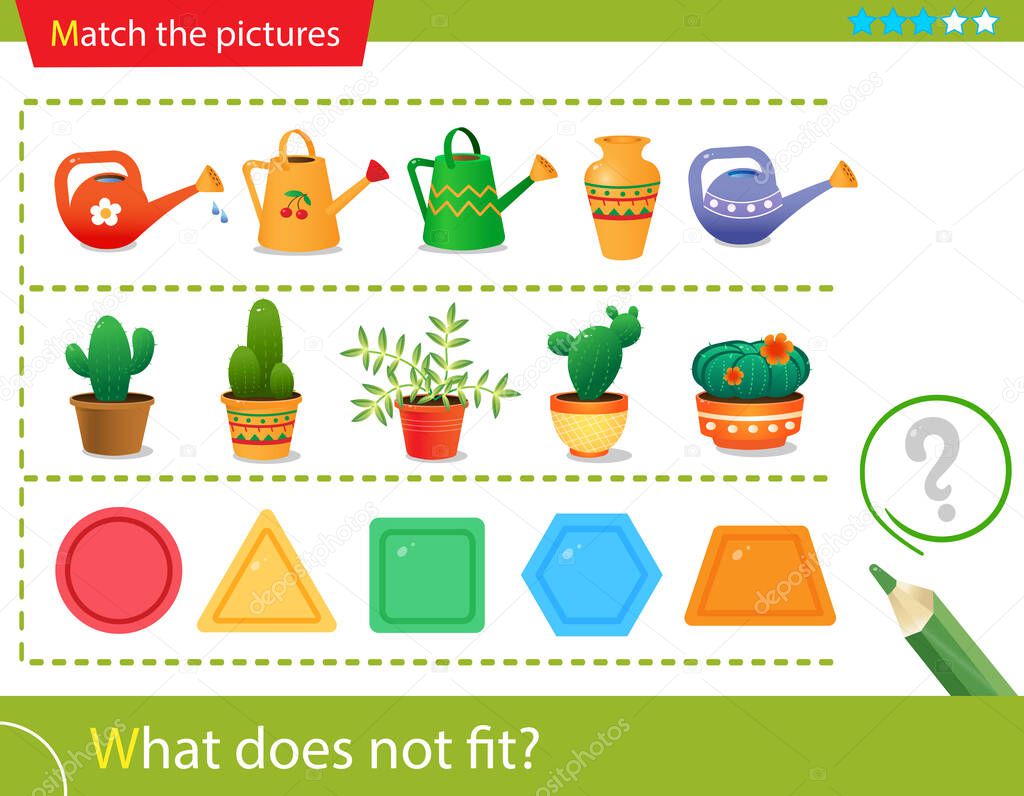 Logic puzzle for kids. What does not fit? Flower watering cans. Cactuses. Geometric shapes: polygons.  Matching game, education game for children. Worksheet vector design for preschoolers.