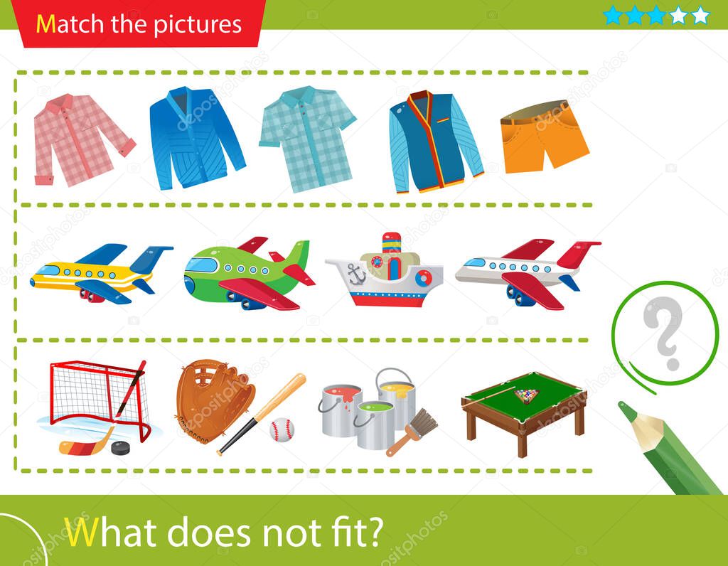 Rompecabezas lógico para niños. ¿Qué no encaja? Sudaderas y camisas