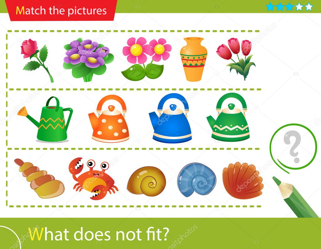 Logic puzzle for kids. What does not fit? Flowers. Teapots. Seashells. Matching game, education game for children. Worksheet vector design for preschoolers.