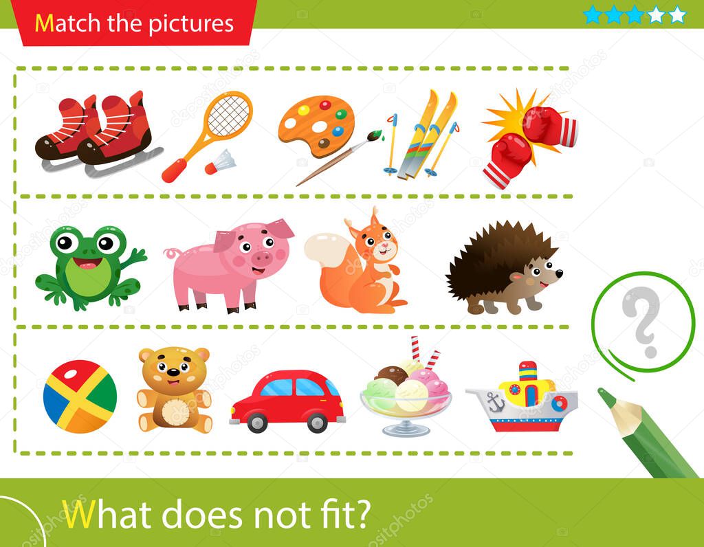 Rompecabezas lógico para niños. ¿Qué no encaja? Equipamiento deportivo