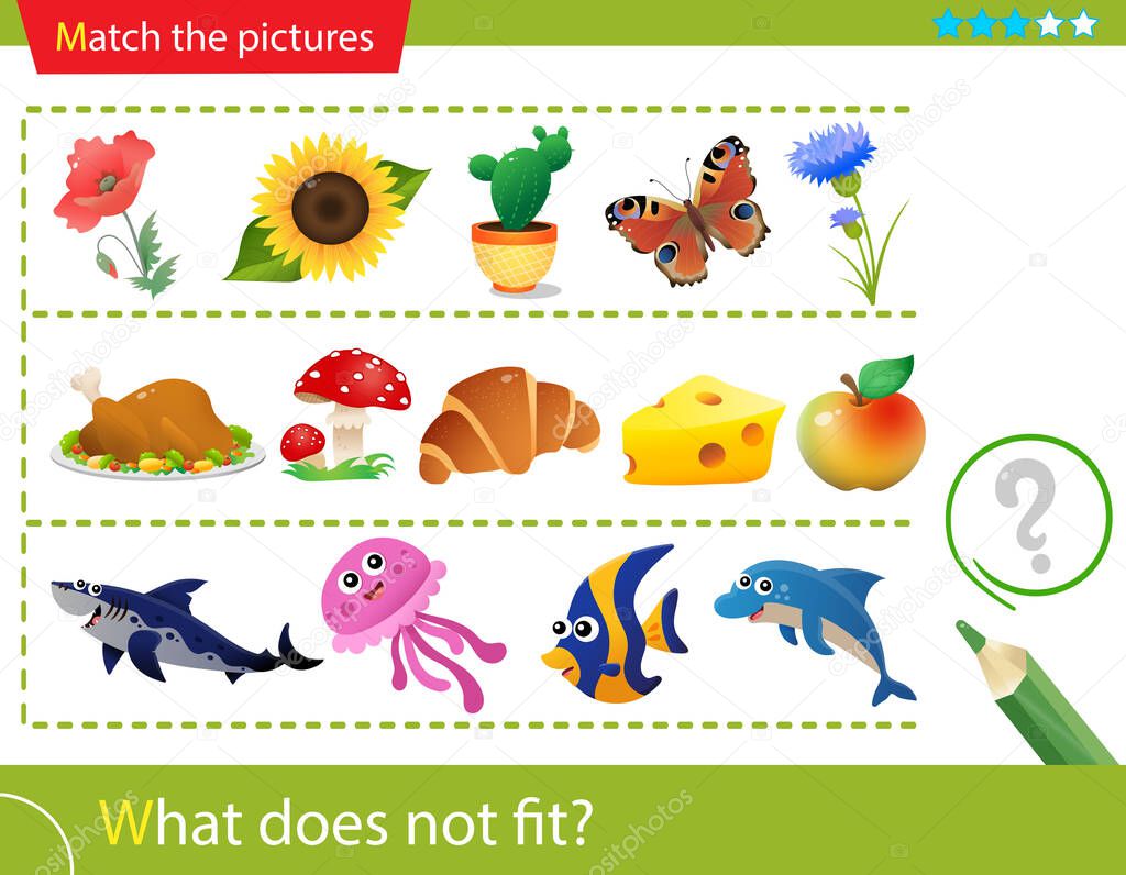 Logic puzzle for kids. What does not fit? Plants. Food or foodstuff. Fish. Matching game, education game for children. Worksheet vector design for preschoolers.