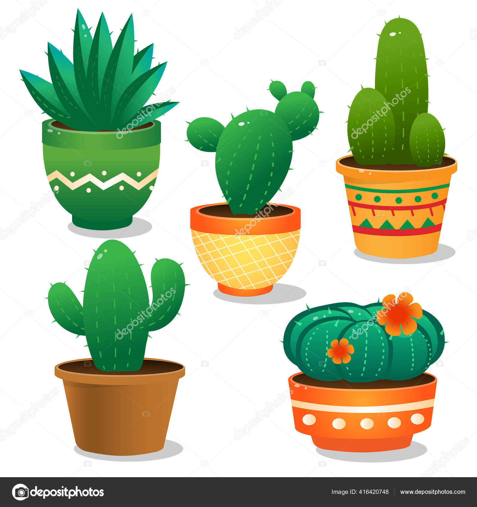 Conjunto de cactos em estilo simples de desenho animado isolado no fundo  branco. cactus em vasos e flores. cacto