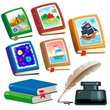 Color image of children's books on white background. Fairy tale and adventure. Encyclopedia and fiction. Inkwell with feather pen. Vector illustration set for kids. clipart