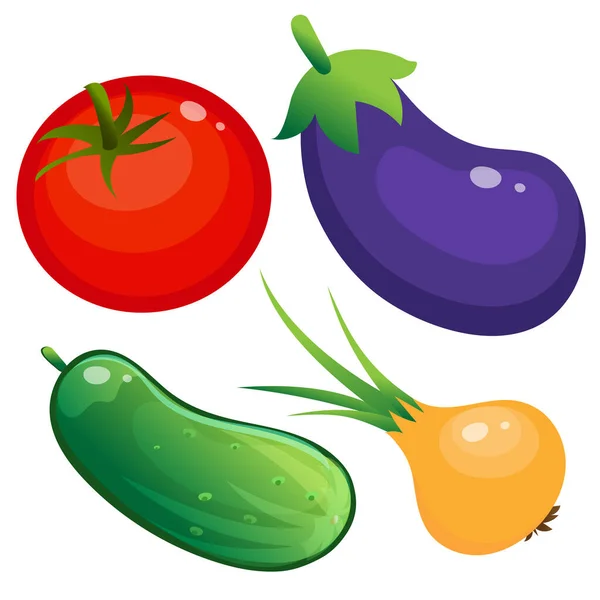 Beyaz Arka Planda Renkli Domates Salatalık Soğan Patlıcan Resmi Sebzeler — Stok Vektör