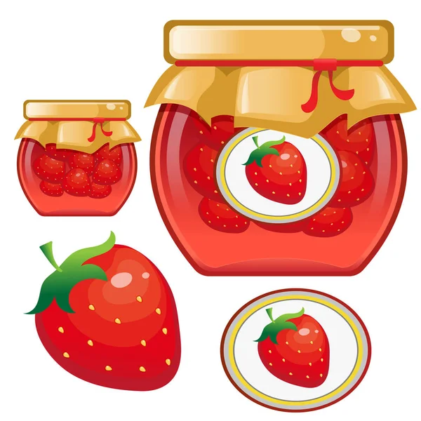 Kleur Afbeelding Van Potje Aardbeienjam Bessen Fruit Eten Koken Vectorillustratie — Stockvector