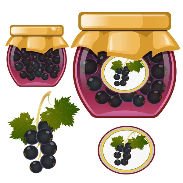 黒スグリジャムの瓶の色画像 スグリ 果実と果実 食べ物と料理 ベクターイラスト — ストックベクタ