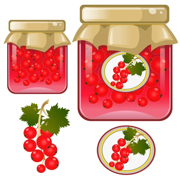 红醋栗果酱罐子的彩色图像 浆果和水果 食物和烹调 矢量说明 — 图库矢量图片