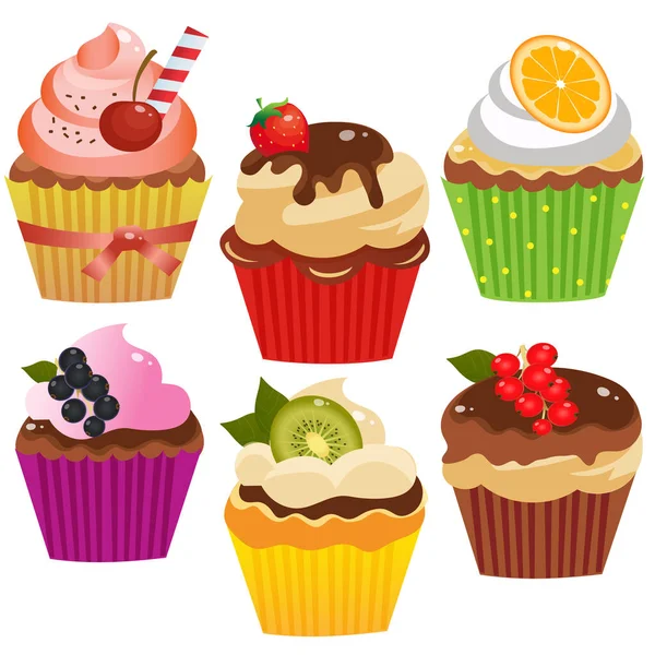 Χρωματικές Εικόνες Από Εορταστικά Cupcakes Muffins Λευκό Φόντο Ζαχαροπλαστική Και — Διανυσματικό Αρχείο