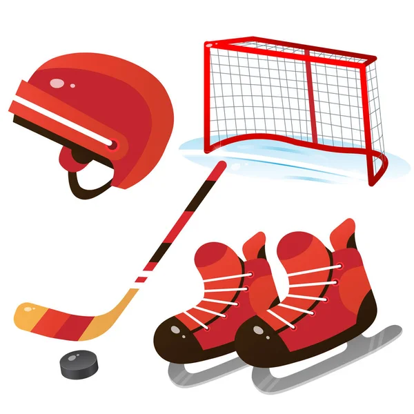 Hockey Set Color Images Cartoon Skates Helmet Stick Puck White — Stock Vector