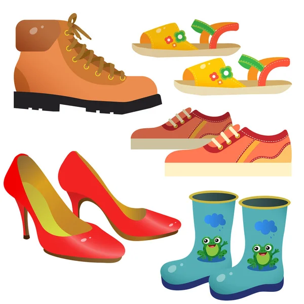 漫画の靴の色画像 スポーツスニーカー 子供のブーツ 靴の女性のペア サンダル 子供のためのベクトルイラストセット — ストックベクタ